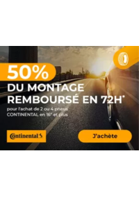 Prospectus Euromaster : Du 14 avril au 1er juin 2025, obtenez le remboursement de 50% du montage en 72H, pour l'achat de 2 ou 4 pneus CONTINENTAL en 16" et plus !