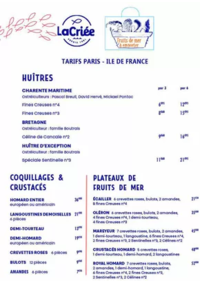 Prospectus La Criee BOIS GUILLAUME : Huîtres & Fruits de mer Menu